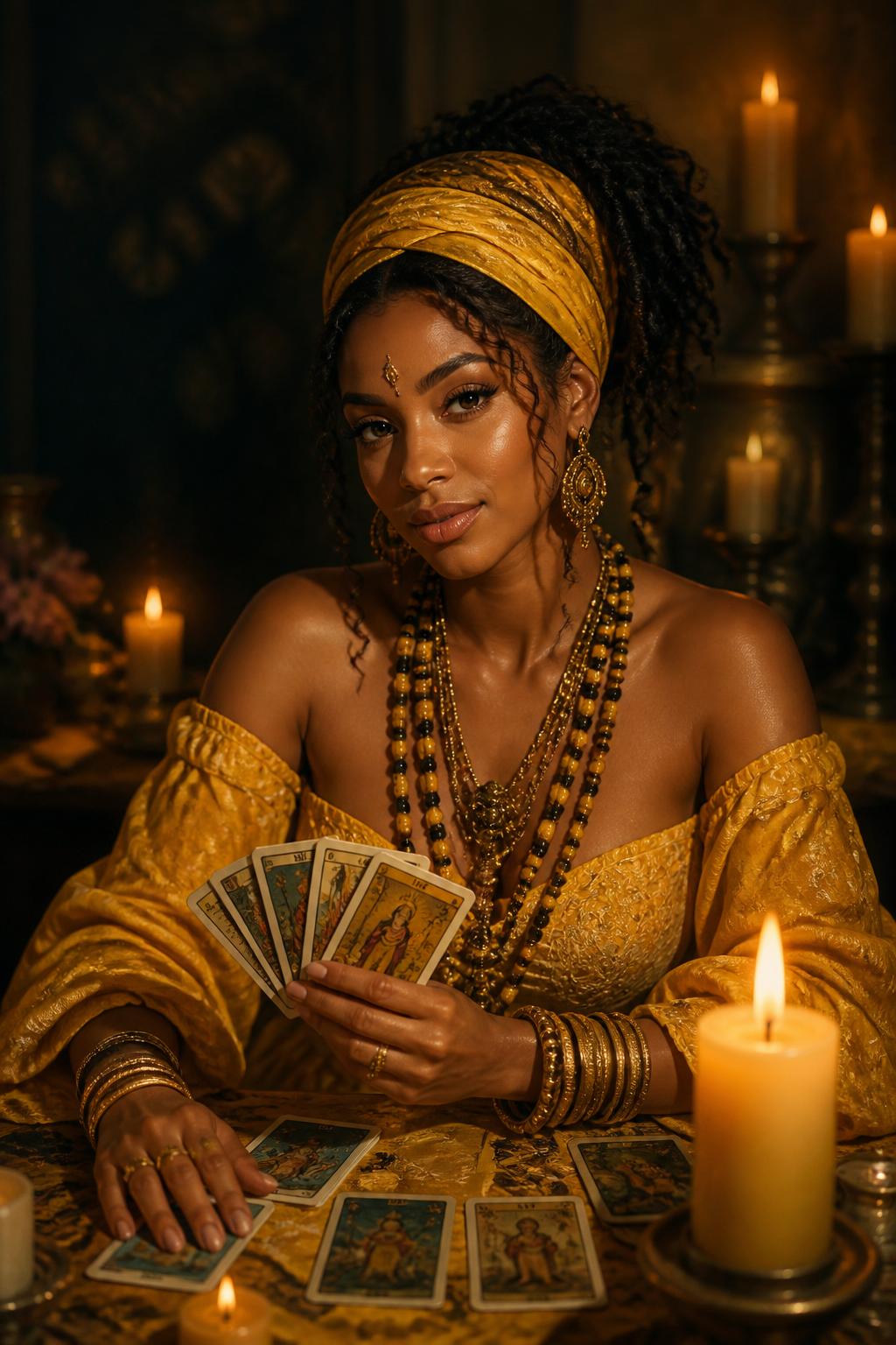 Taróloga Beatriz de Oxum com cartas e colares sagrados