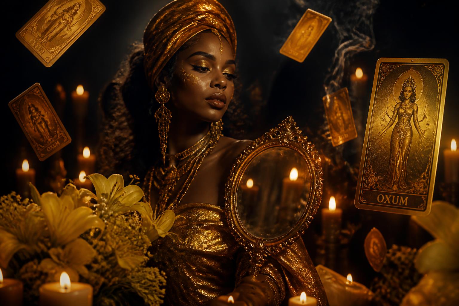 Altar místico de Oxum com cartas de tarô e velas douradas